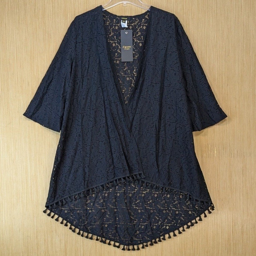 Espresso Los Angeles Boho Black Floral Lace Kimono‎ High Low Tassel Wrap XL NEW